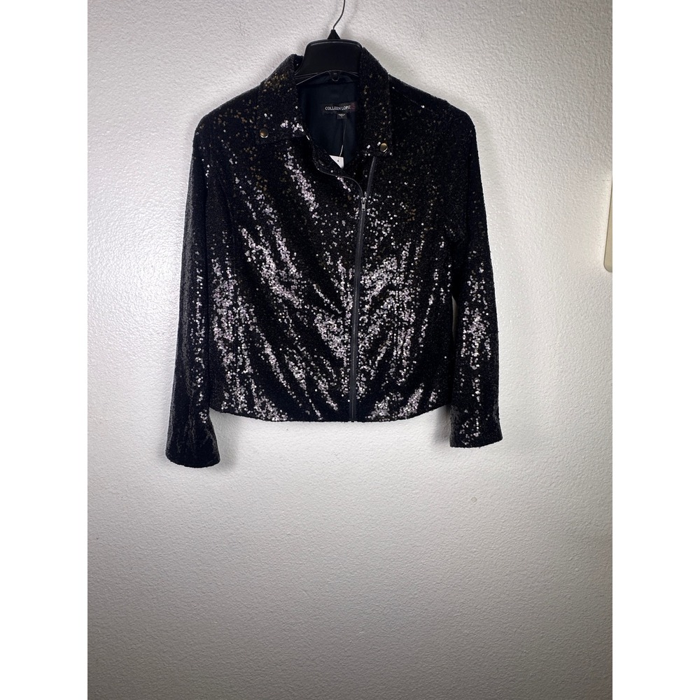 Colleen Lopez Black Sequin Moto Jacket Asymmetrical Zip Biker Coat Womens Large